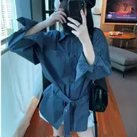 6667中古结构 腰带慵懒条纹衬衣