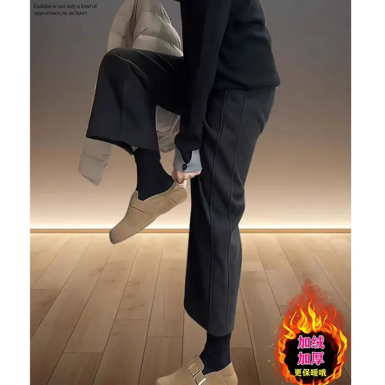 毛呢马丁靴裤女秋冬小个子阔腿裤宽松胖mm大码加绒加厚九分直筒裤