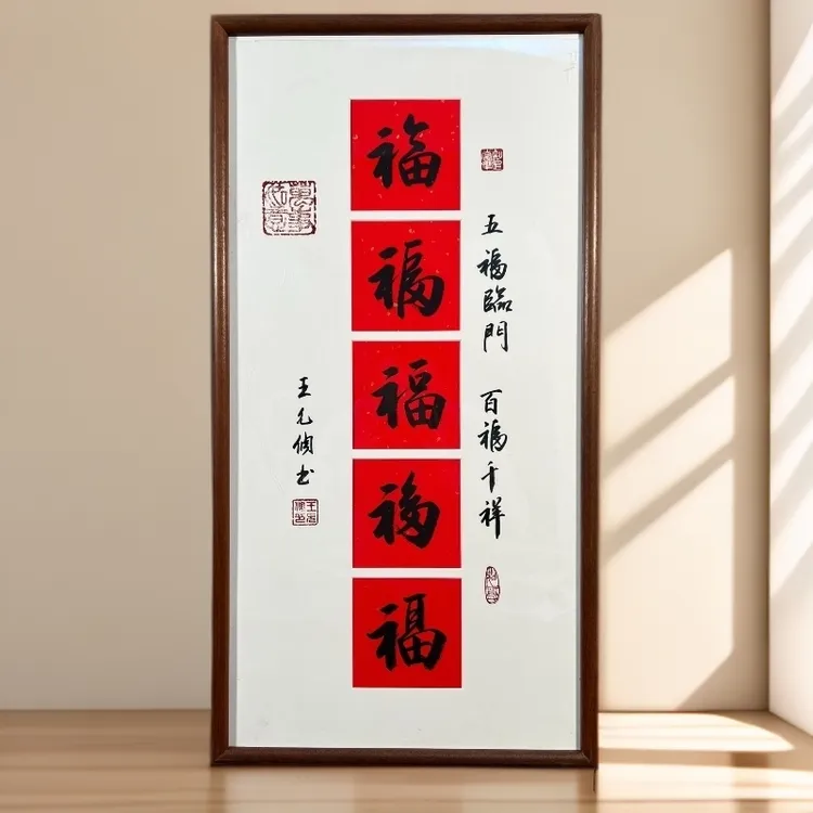 《五福临门》王允倜老师手写书法35*70cm胡桃木装裱-客厅玄关卧室