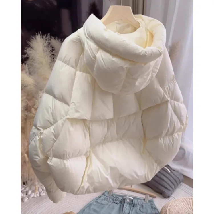 米白色短款连帽棉服外套女2025年冬季新款冬装时尚面包服保暖棉袄