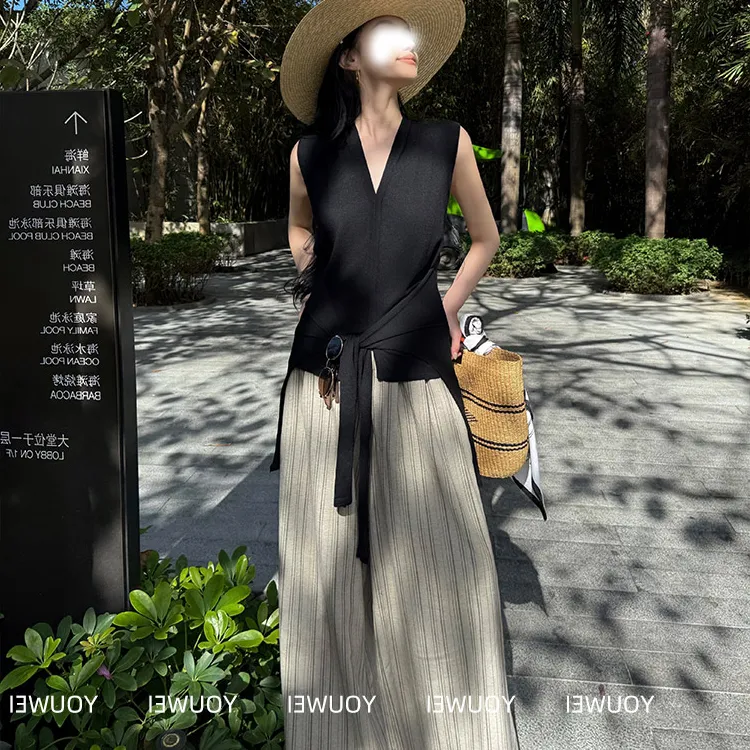 夏日老钱条纹阔腿裤女2025新款宽松显瘦休闲裤子夏套装