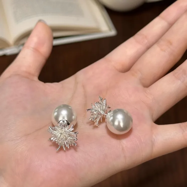 铜合金耳饰 璀璨烟火银色珍珠后挂耳钉轻奢高级耳环2025新款耳饰 