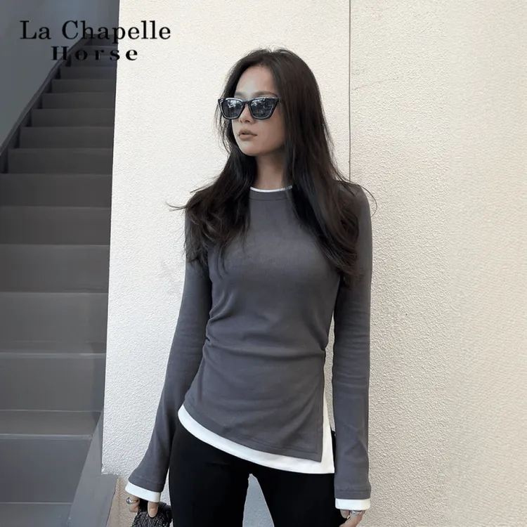 假两件长袖T恤女2024春秋新款撞色拼接不对称修身常规打底衫上衣