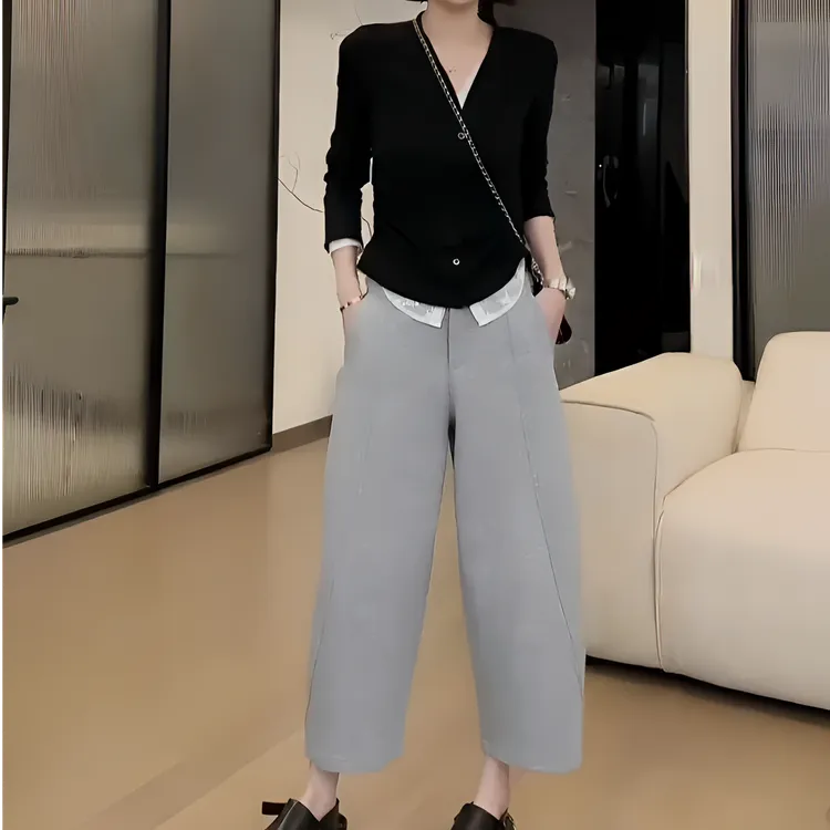 女装新款洋气休闲装春季假两件拼接上衣+九分裤两件套女显瘦百搭