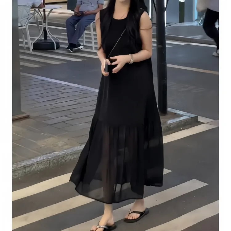 2025夏季新款大码女装法式时尚复古T恤裙气质黑色拼接百搭连衣裙