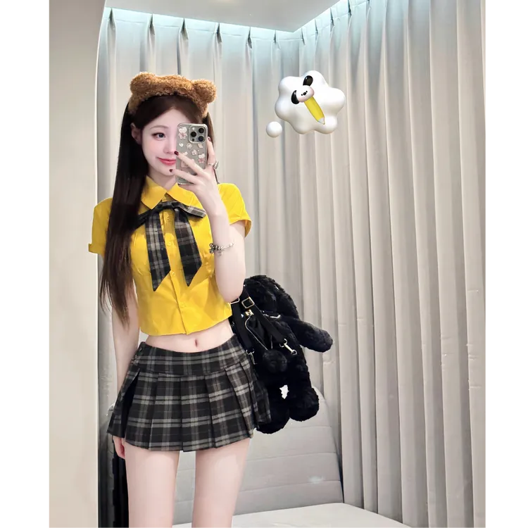 美高甜心 气质学院风设计感短袖衬衫上衣格子半身裙百褶短裙套装