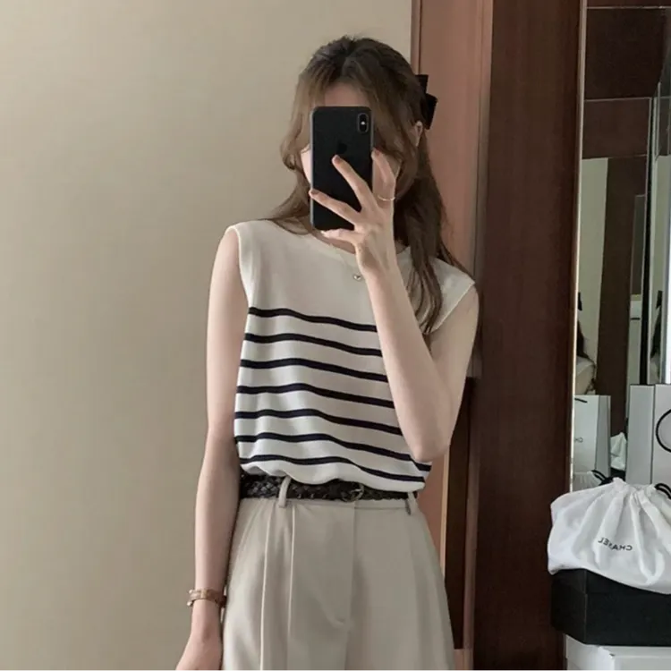 法式黑白条纹冰丝针织衫女夏内搭坎肩背心无袖t恤别致上衣外穿薄
