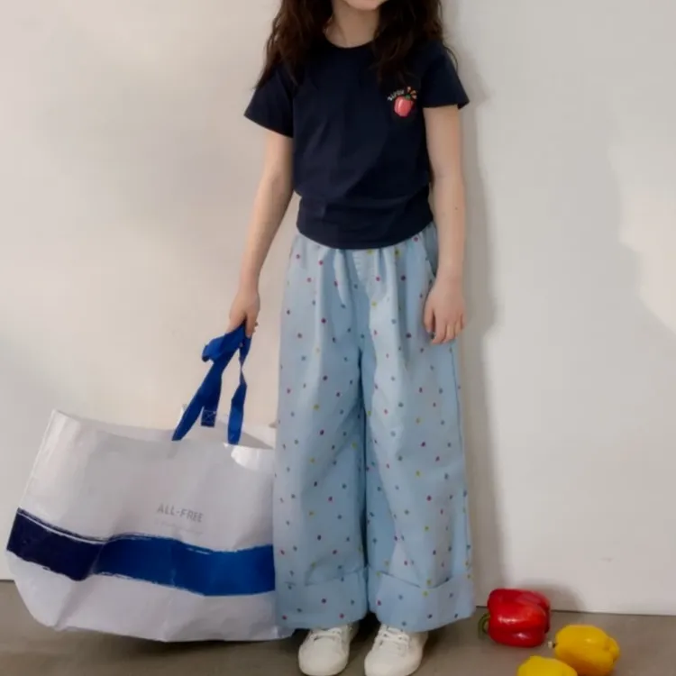 女童春夏套装2025新款儿童春装短袖阔腿裤小女孩宽松波点长裤子