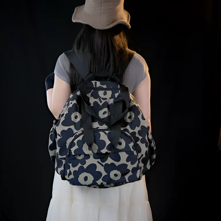 MWZI藏蓝色大花潮流背包出差妈咪包百搭大容量旅游双肩包