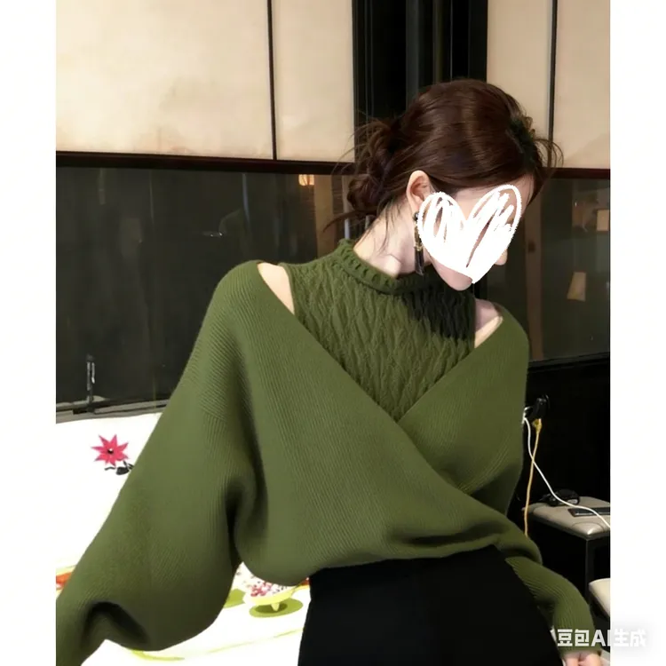 小众设计感绿色蕾丝拼接针织衫女2025秋季气质高级感百搭显瘦毛衣