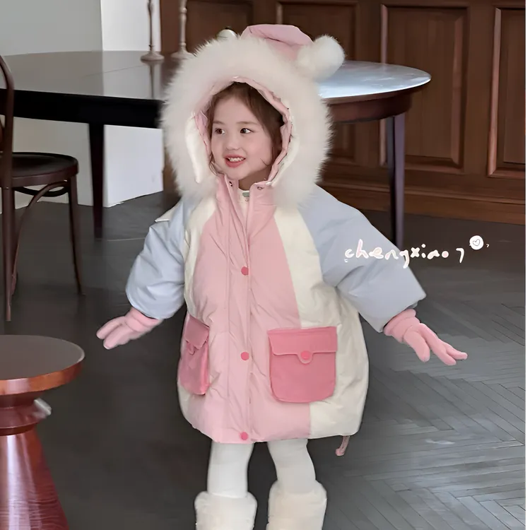 m303新款女童休闲拼色棉服棉袄韩版连帽冬季轻熟风洋气棉衣外套潮