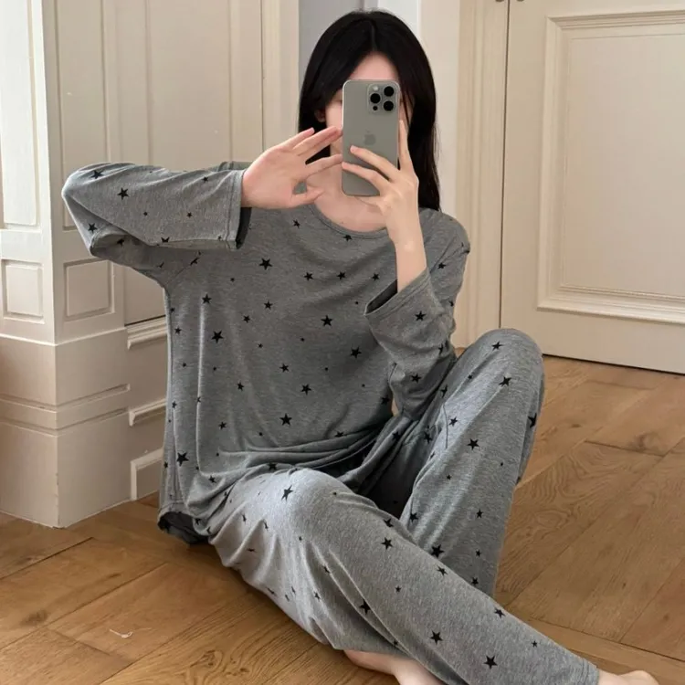 春秋季慵懒风睡衣女韩系宽松星星长袖长裤亲肤舒适家居睡衣秋款女
