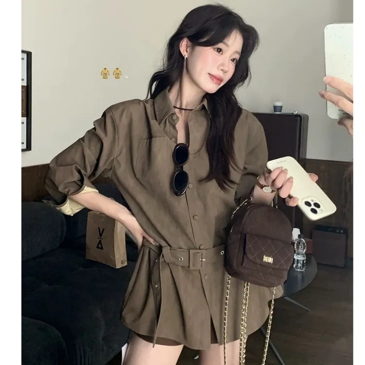 高级感翻领单排扣长袖收腰衬衫(配腰带)秋装女