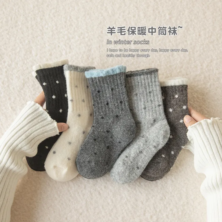 女童袜子秋冬季加厚保暖羊毛袜儿童韩版ins波点女宝宝羊绒中筒袜