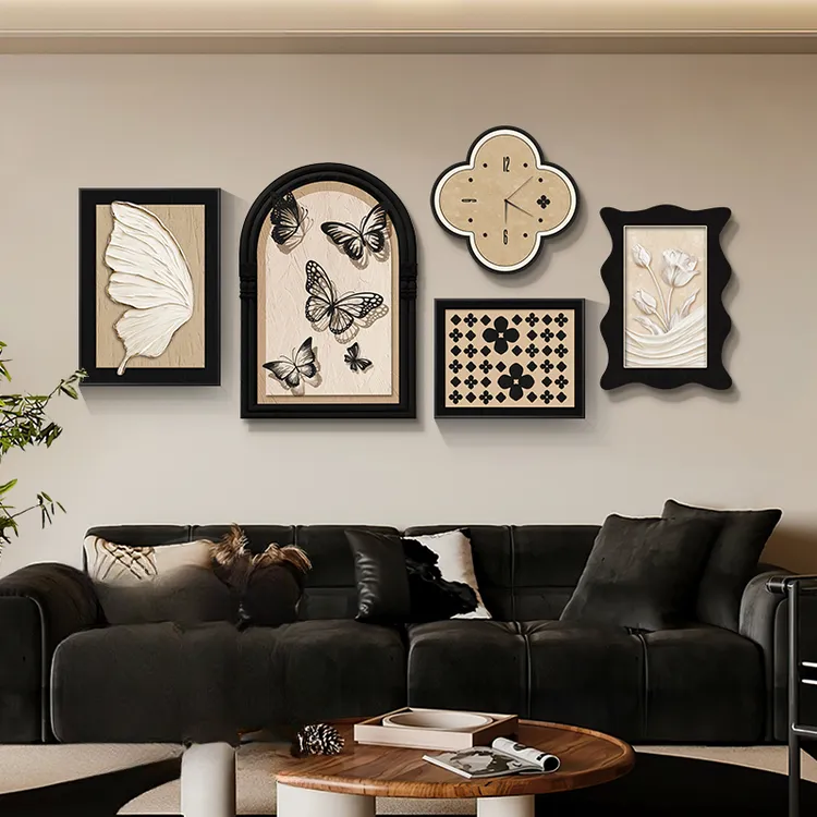 中古风蝴蝶客厅装饰画轻奢高级感沙发背景墙挂画法式复古钟表壁画