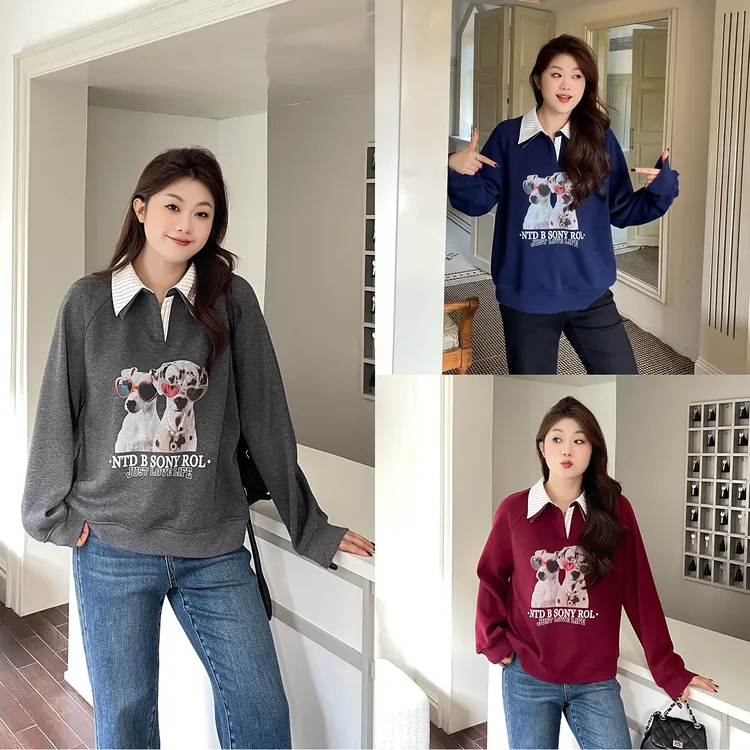 裂渡宣宣【斑点精灵】微胖大码女秋时尚加绒假两件印花卫衣ZY508A90