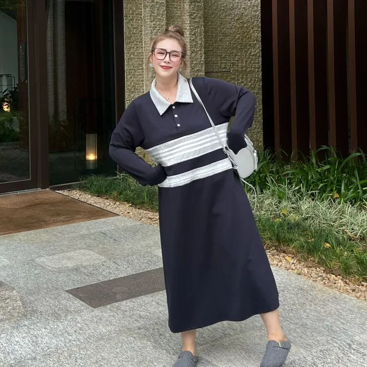 媛子大码学院风撞色polo裙胖mm遮肉显瘦洋气时尚高级感休闲长裙