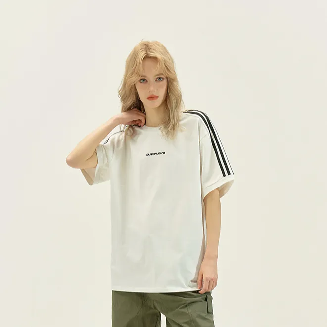 Outoflove美式高街三条杆字母印花重磅纯棉短袖嘻哈宽松情侣款t恤