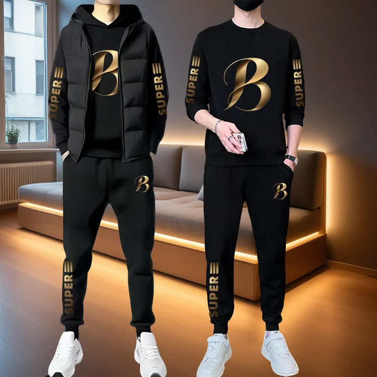 秋冬新款男士三件套马甲卫衣卫裤加绒加厚休闲运动套装保暖帅气