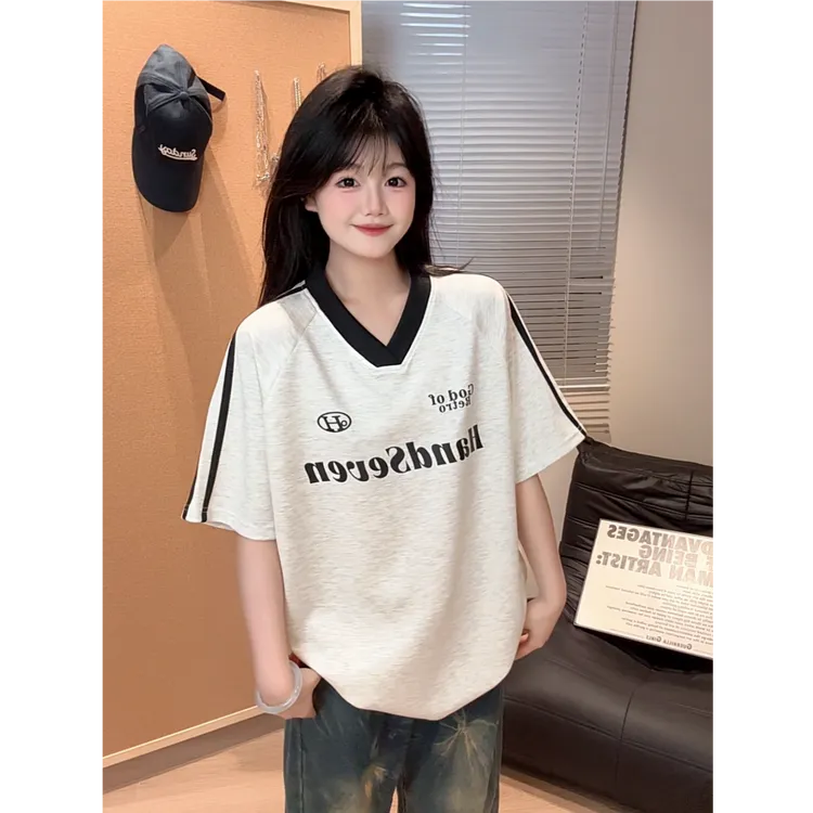 HandSeven夏季新款重磅曼巴棉T恤短袖V领松弛感潮牌ins风百搭T恤