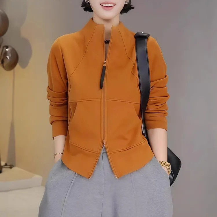 拉夏贝尔巨好看的秋季立领双拉链弧形收腰修身显瘦时尚百搭短外套