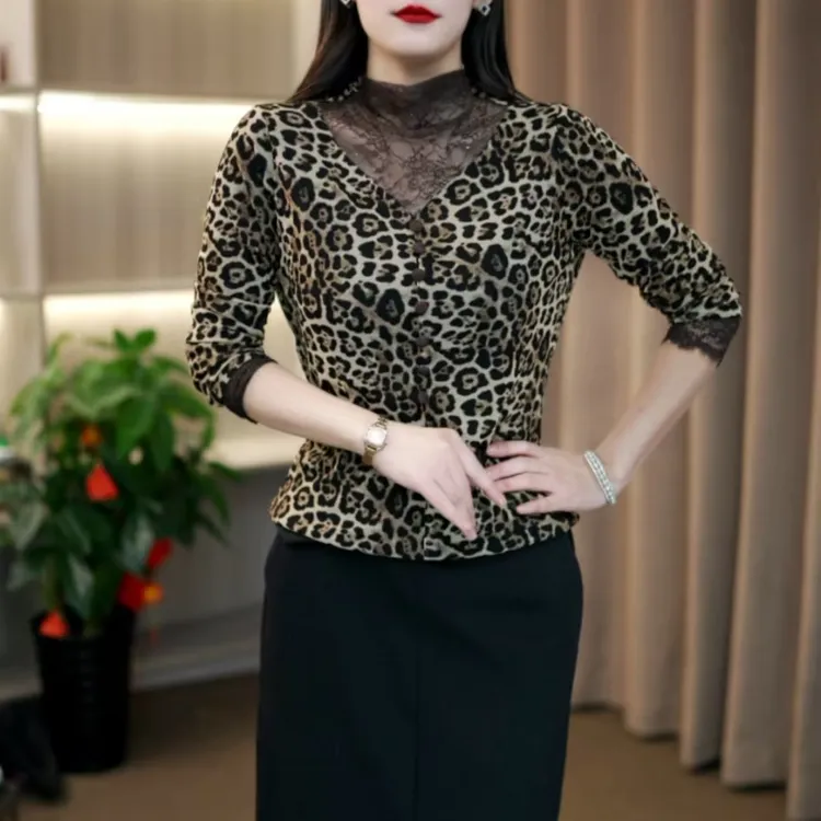 秋冬纱网半高领T恤长袖女士修身大码拼接蕾丝豹纹-8