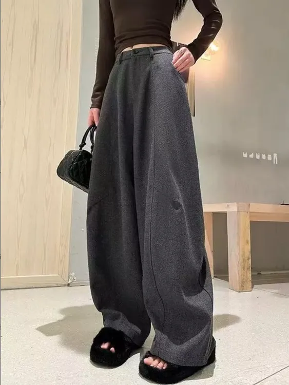 【羊毛蚕丝+运费险】秋冬新款阔腿弯刀裤厚款慵懒风休闲裤女裤子XM