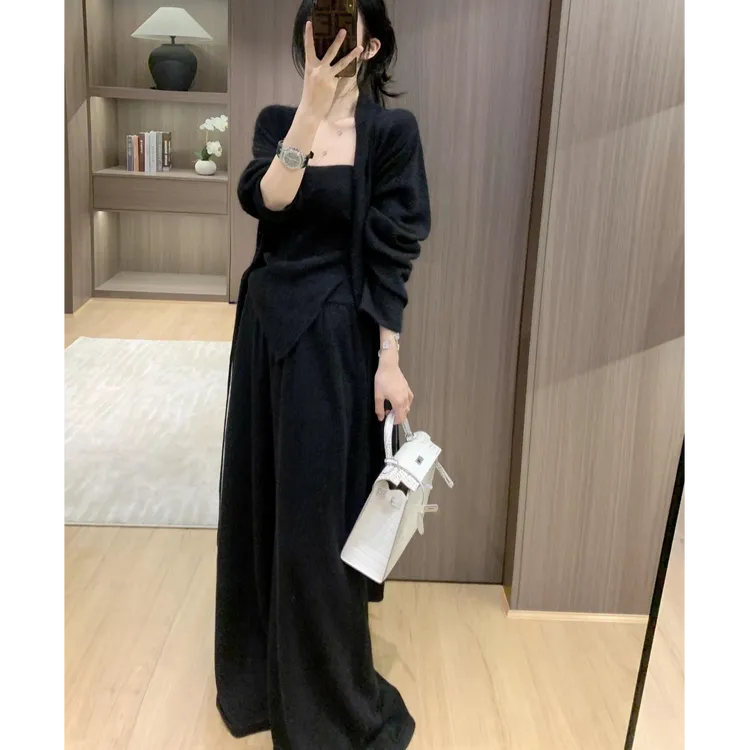 不规则秋季时尚套装气质显瘦宽松针织开衫斜肩背心性感简约长裤女