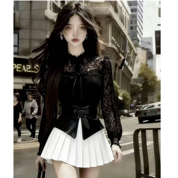 韩版日常氛围感通勤风白色蕾丝立领长袖上衣+黑色百褶半身裙套装