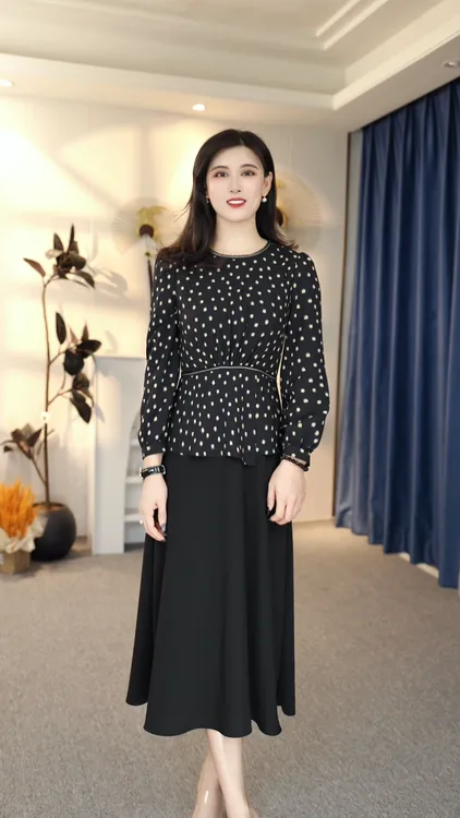 法式轻奢收腰波点秋冬时尚气质显瘦名媛连衣裙 9017