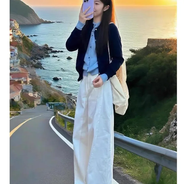 秋冬季女装多巴胺穿搭配一整套别致假两件针织毛衣开衫两件套裤子