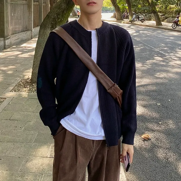 秋冬新款简约休闲毛衣开衫男百搭慵懒风拉链纯色保暖针织衫外套潮