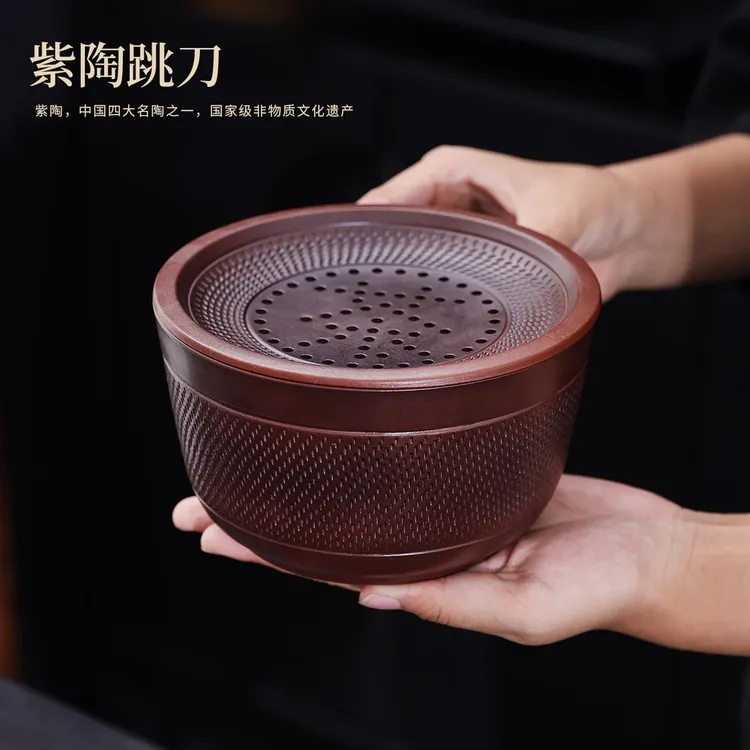 原矿手工复古紫陶跳刀纹茶渣缸自带过滤带盖水盂家用办公茶道配件