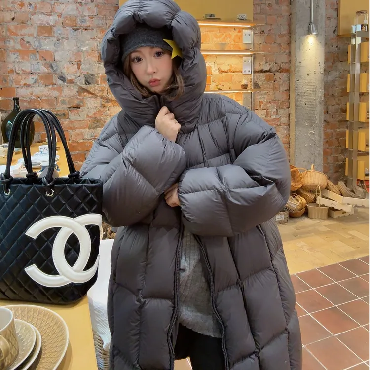 XIAOY家自制冬季新品90白鸭绒防风保暖花苞帽中长款羽绒服