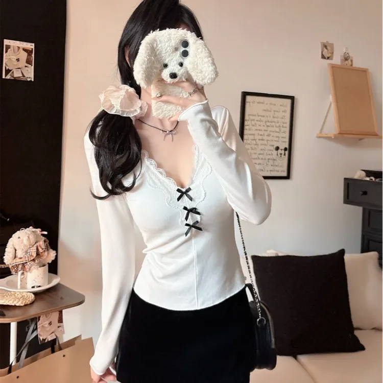 克尔伦贝新款甜美风蕾丝花边v领长袖T恤立体蝴蝶结内搭打底衫5160