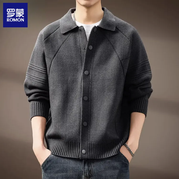 罗蒙2025秋冬款高端重磅翻领开衫毛衣加厚美式宽松休闲针织衫外套