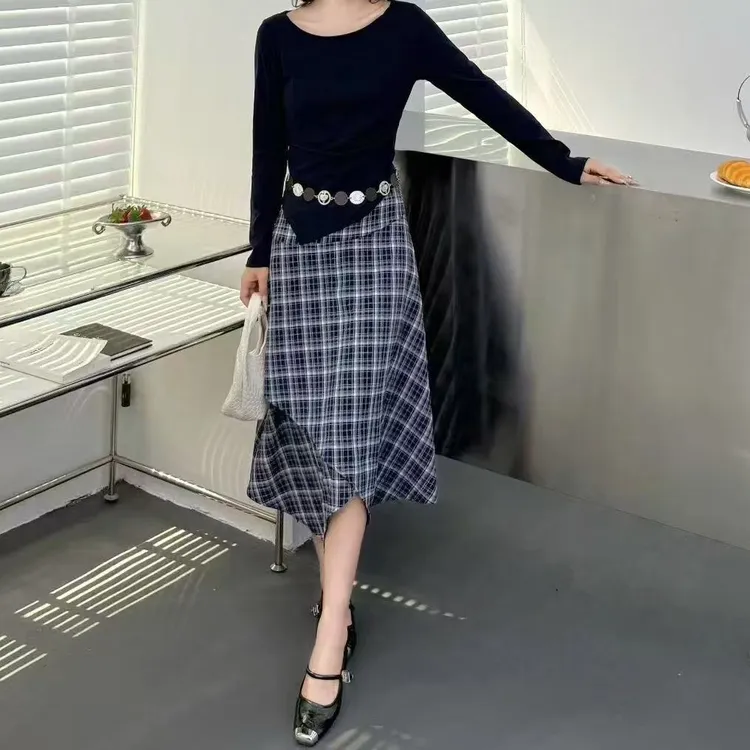 秋季显瘦时尚长袖气质千鸟格半裙套装