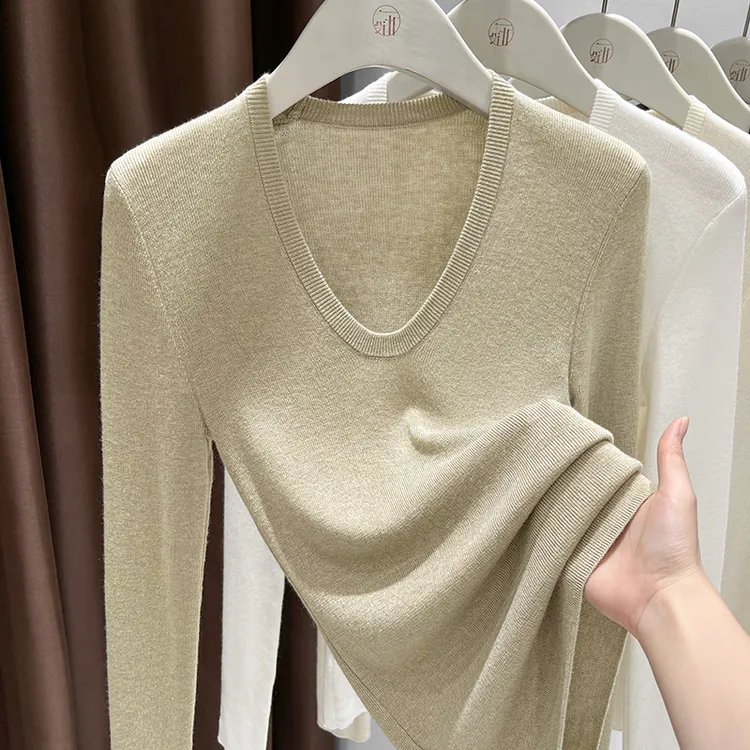 浅灰绿薄款U领长袖针织衫2025新款爆款高级感毛衣打底衫气质上衣