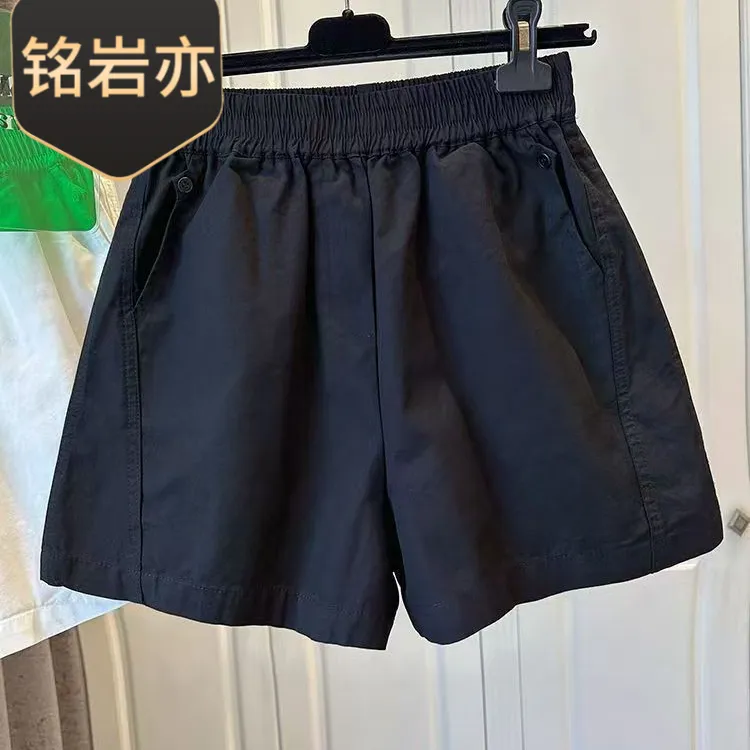 美式复古潮流休闲高腰工装裤女2025夏季松紧腰宽松阔腿短裤黑色