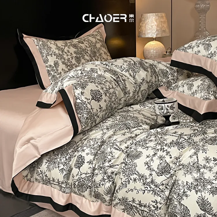 巢尔【华尔兹】纯棉被套四件套轻奢美式花卉数码印花时尚床单枕套
