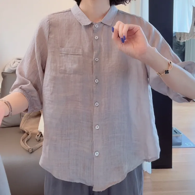 斜纹翻领简约设计时尚百搭防晒衬衫女2025年夏季新款宽松长袖衬衣