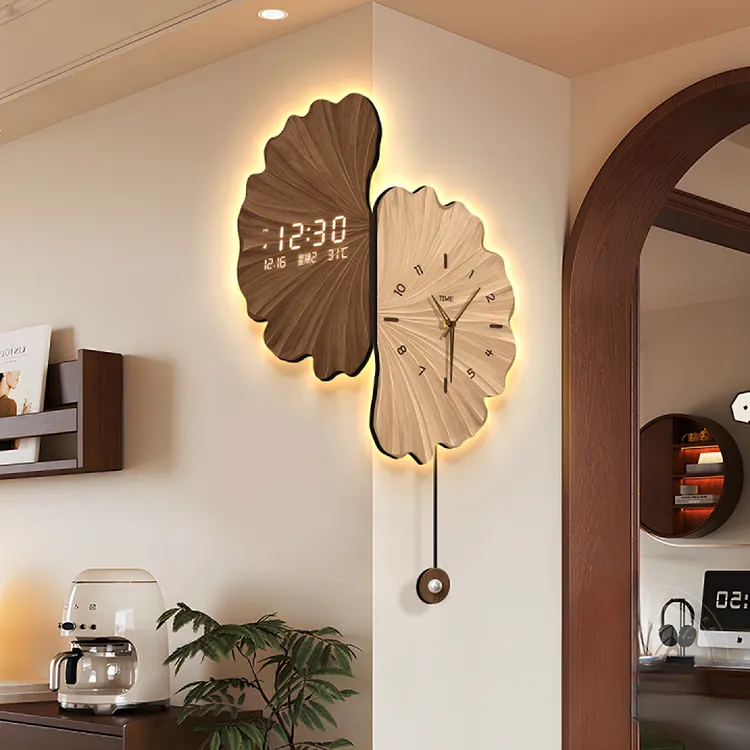 法式中古风客厅转角挂钟数显万年历电子时钟高级感银杏叶拐角钟表