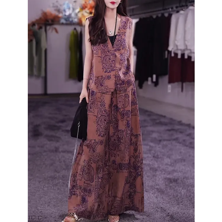 时尚民族风休闲套装女2025夏新款优雅气质宽松显瘦马甲上衣+长裤