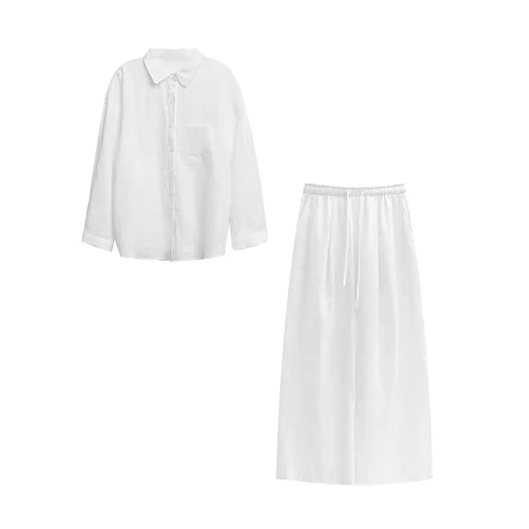 亚麻长袖衬衫休闲裤子老钱风宽松两件套9909