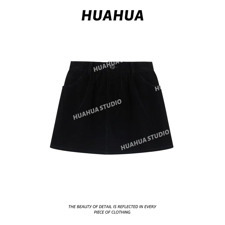 【花花】丝绒花苞裙~韩版秋冬时尚高腰小花苞拼接丝绒A字短半裙