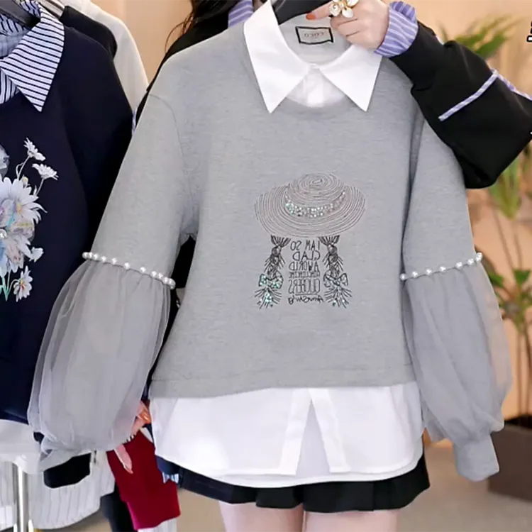 新款设计师高级感休闲女拼钉珠百搭洋气显瘦宽松长袖卫衣上衣女款