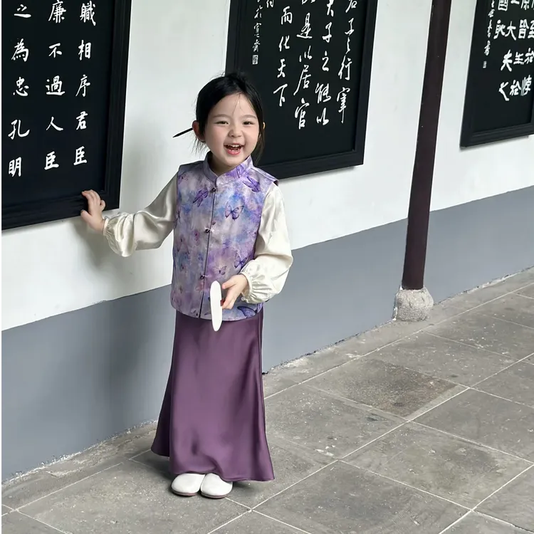 中秋限定套装壹妈童装女童国风三件套复古新中式马甲长袖衬衫半裙