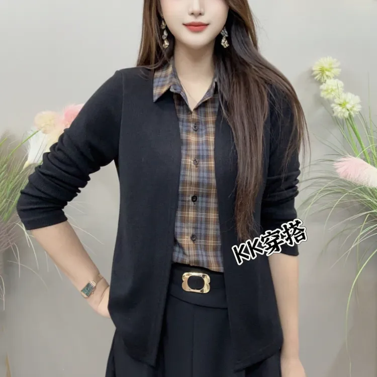 秋季新款翻领长袖衬衫假两件上衣韩版衬衣百搭修身休闲女装小衫