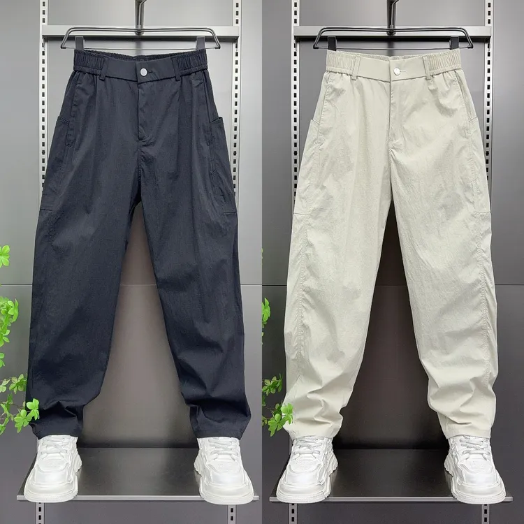 男士高质感速干休闲裤夏季薄款纯色潮流阔腿哈伦裤垂感宽松直筒裤