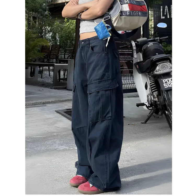 美式复古高街多口袋直筒工装裤夏季褶皱直筒宽松阔腿裤休闲裤女